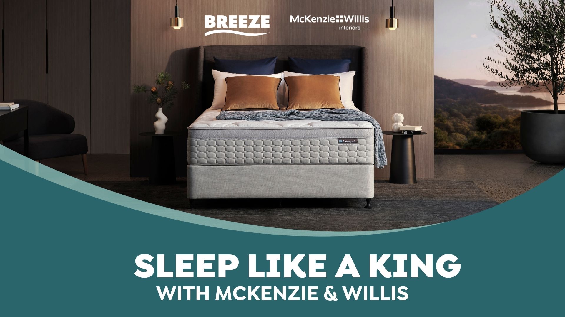 A luxurious bedroom features a grey mattress and upholstered bed from McKenzie & Willis, with "BREEZE" and "McKenzie Willis interiors" logos, set against a scenic mountain view, overlaid with "SLEEP LIKE A KING WITH MCKENZIE & WILLIS."