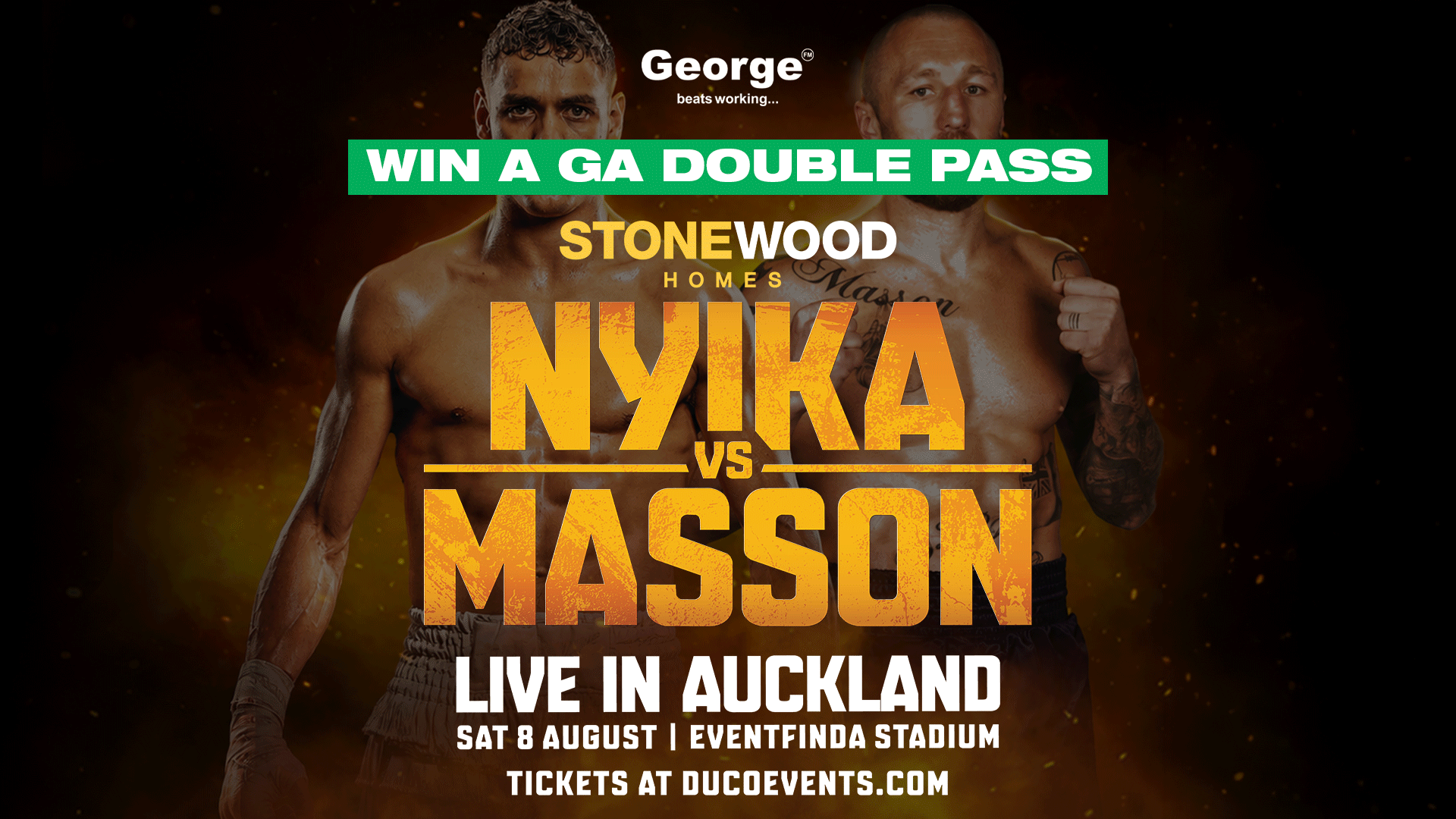 A boxing fight poster features two male boxers, Nyika vs Masson, with a prominent green banner "WIN A GA DOUBLE PASS" and event details for August 8th in Auckland.