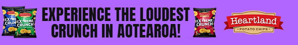 A purple banner features three bags of Heartland Extreme Crunch potato chips in blue, green, and red, with the text "EXPERIENCE THE LOUDEST CRUNCH IN AOTEAROA!" and the Heartland Potato Chips logo.