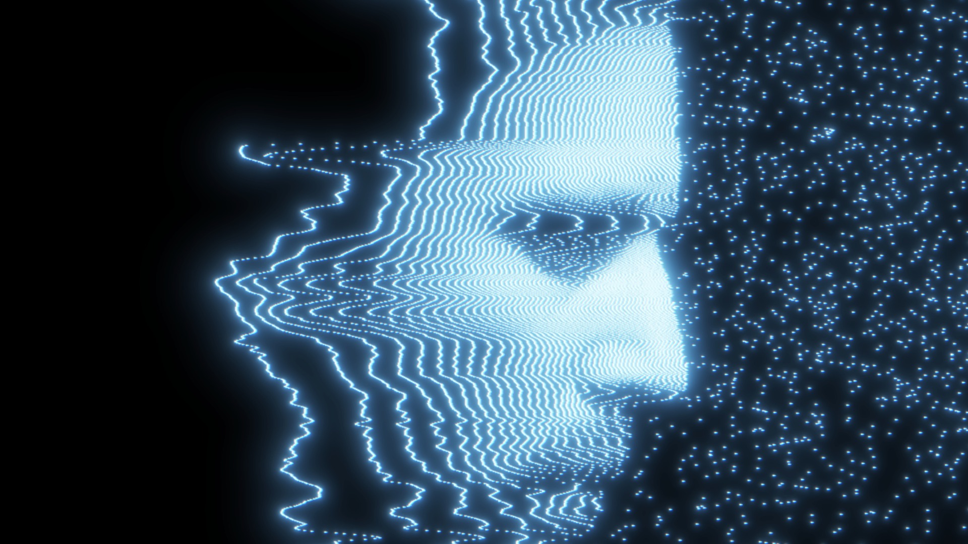 An abstract digital image featuring glowing blue wavy lines on the left transitioning to a dense, undulating surface in the center, and scattered blue dots on the right, all against a dark background.