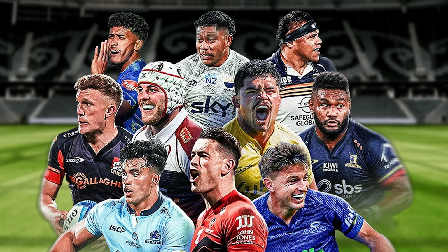 A collage of ten male rugby players in different team jerseys against a blurred stadium background.