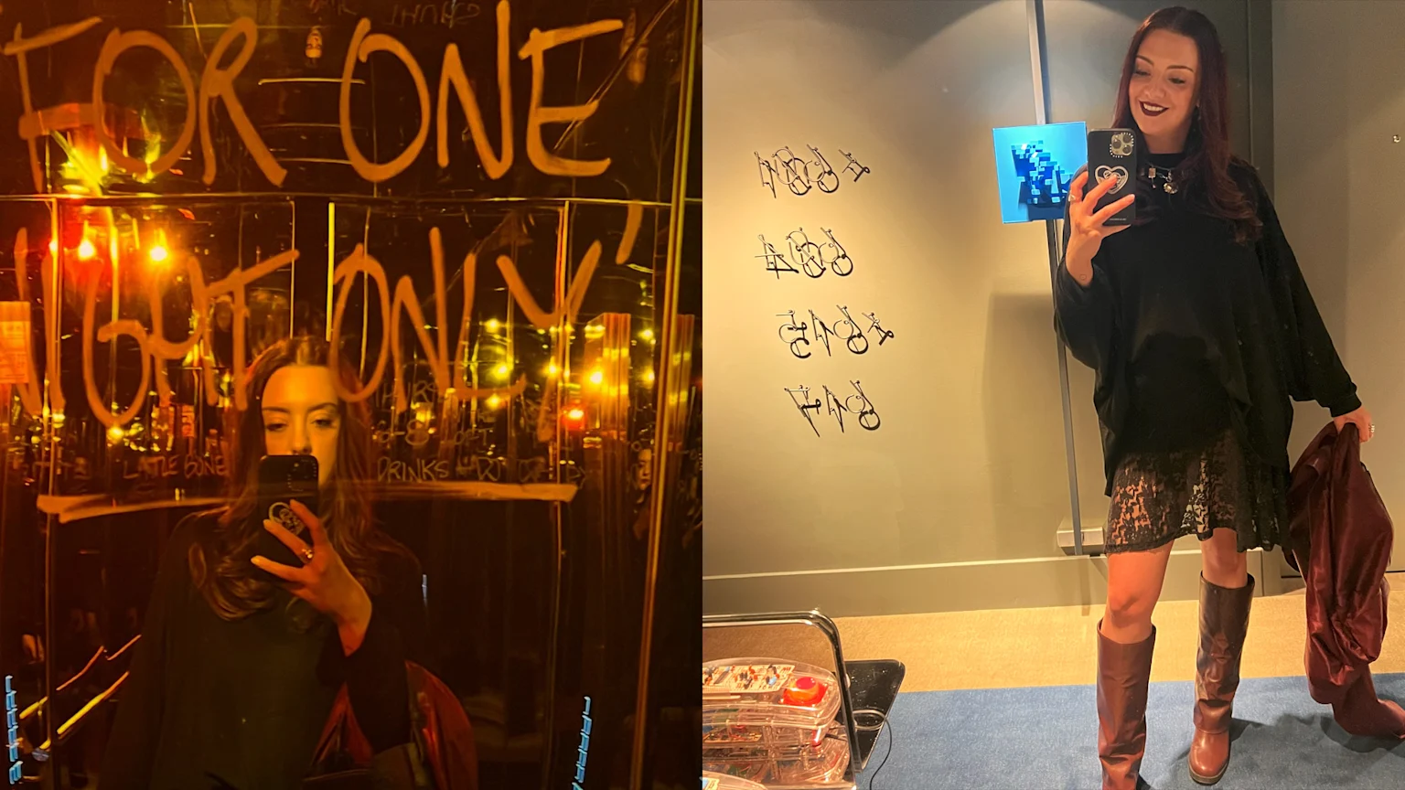 The writer of the article taking mirror selfies in two locations at the StandardX