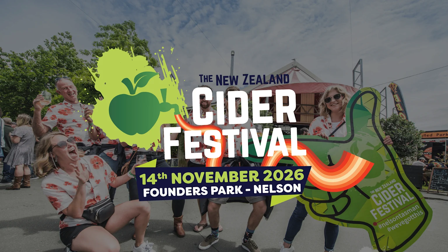 A vibrant image of people enjoying The New Zealand Cider Festival on 14th November 2026 at Founders Park, Nelson, with event branding and joyful expressions.