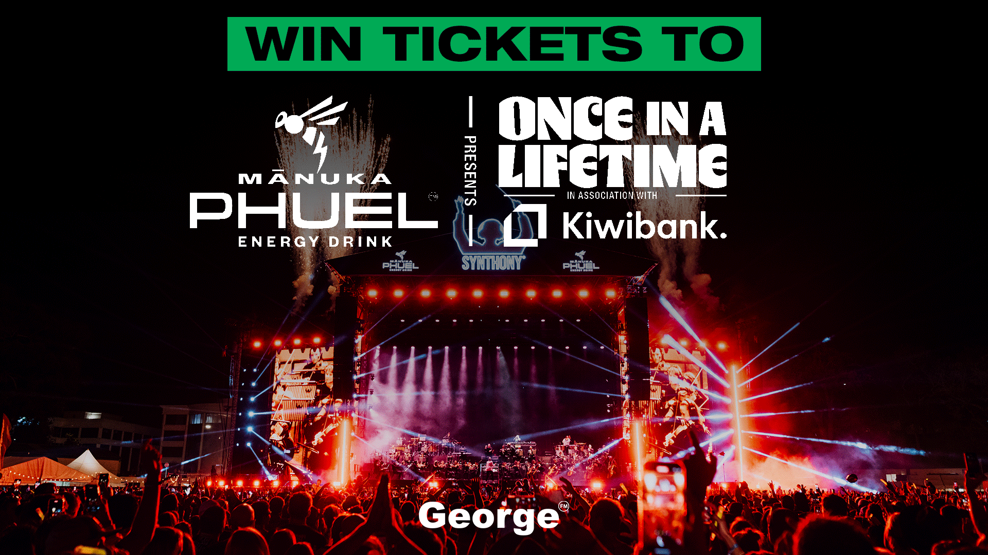 A vibrant night concert scene with a large stage glowing with red lights, a massive crowd, and promotional text "WIN TICKETS TO MĀNUKA PHUEL ONCE IN A LIFETIME" with Kiwibank, Synthony, and George logos.