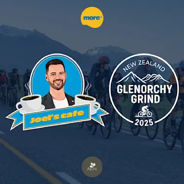 Glenorchy Grind cycling event with More FM's Joel's cafe and Akin Cafe logos. Background image of cyclists.