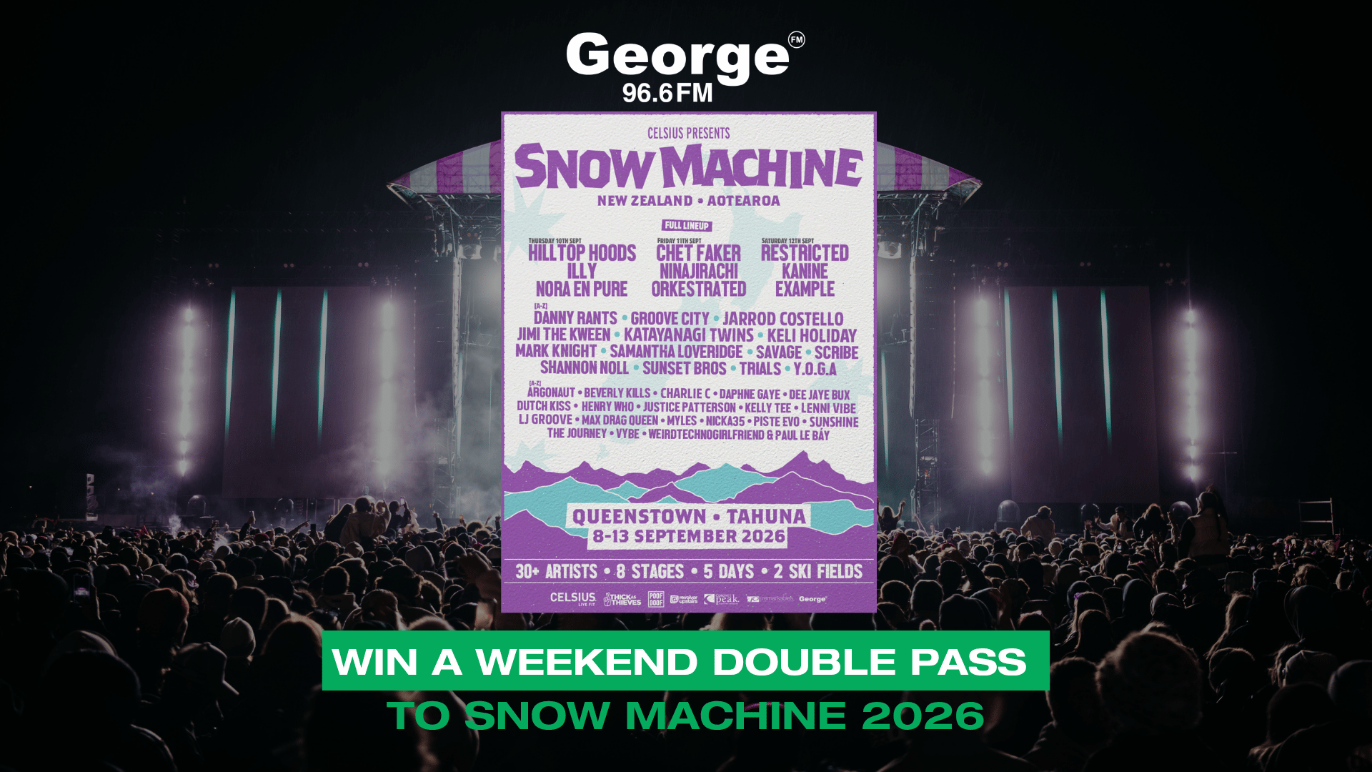 A vibrant music festival scene at night with a large crowd, a brightly lit stage, and an overlaid poster for Snow Machine 2026, advertising a double pass giveaway from George 96.6FM.