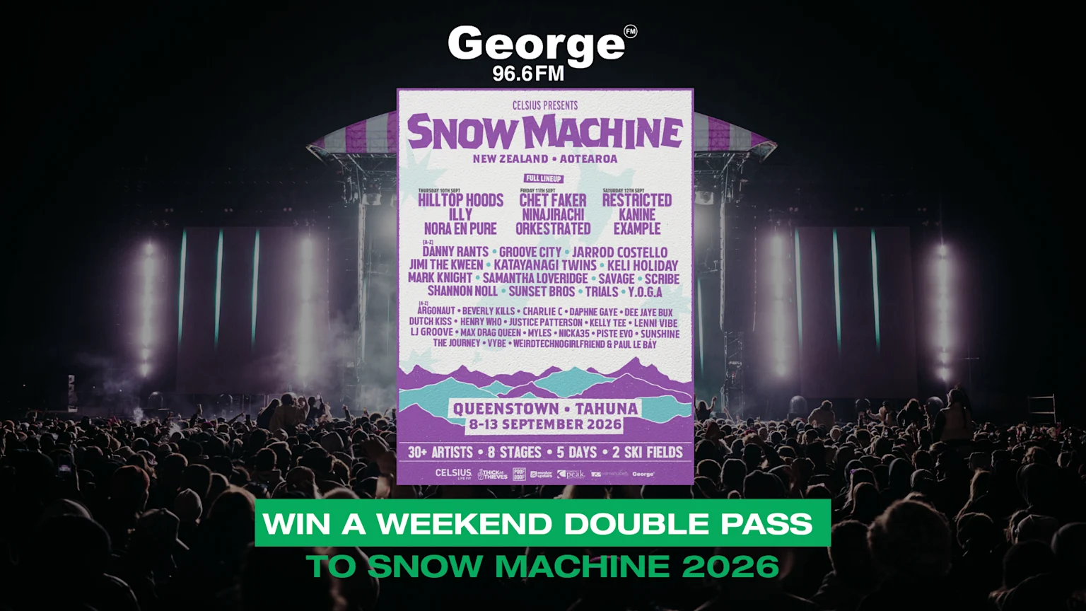 A vibrant music festival scene at night with a large crowd, a brightly lit stage, and an overlaid poster for Snow Machine 2026, advertising a double pass giveaway from George 96.6FM.