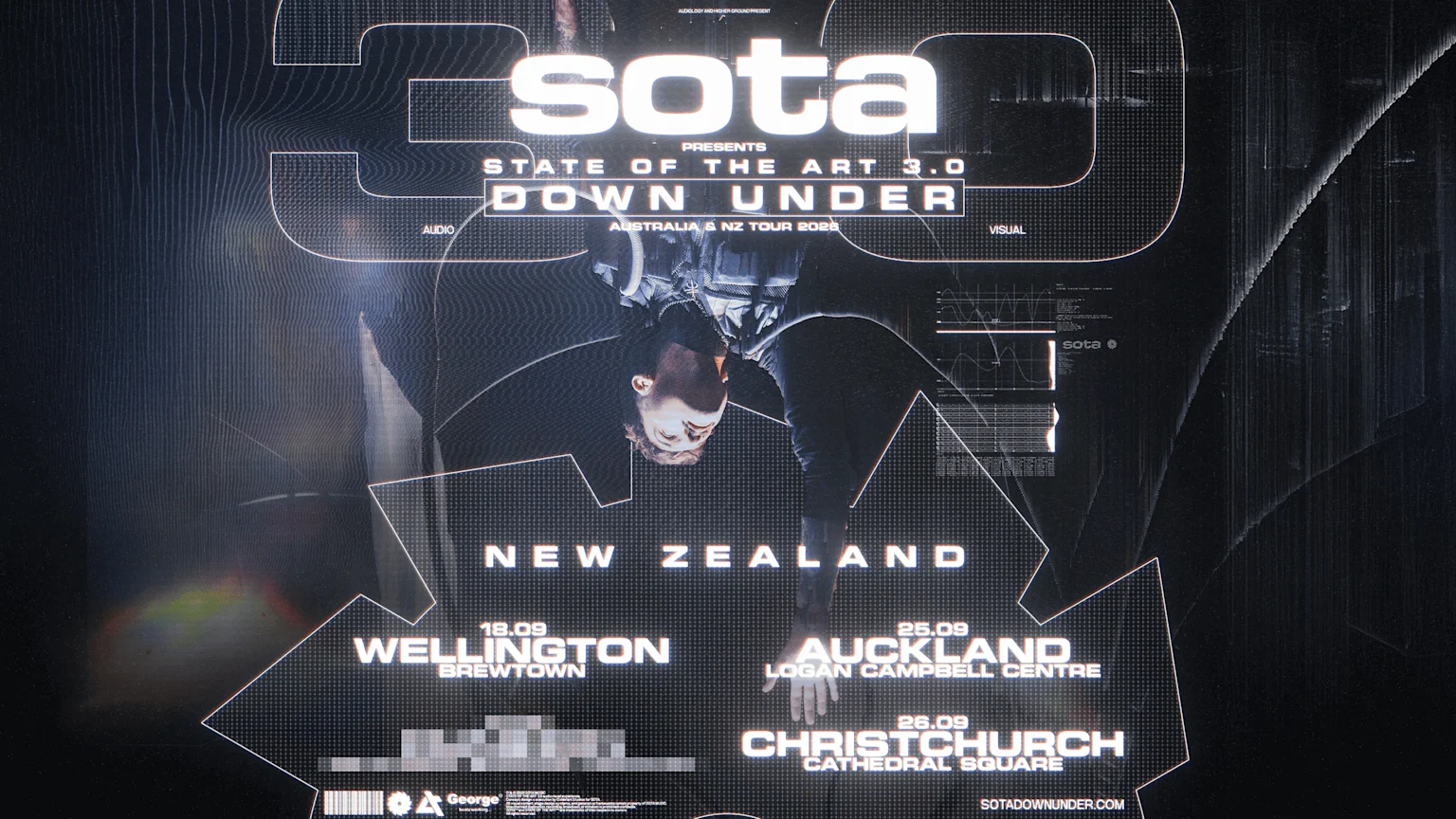A dark, glitchy concert poster for SOTA Presents State of the Art 3.0 Down Under, featuring an upside-down person, New Zealand tour dates for Wellington, Auckland, and Christchurch, and digital graphics.