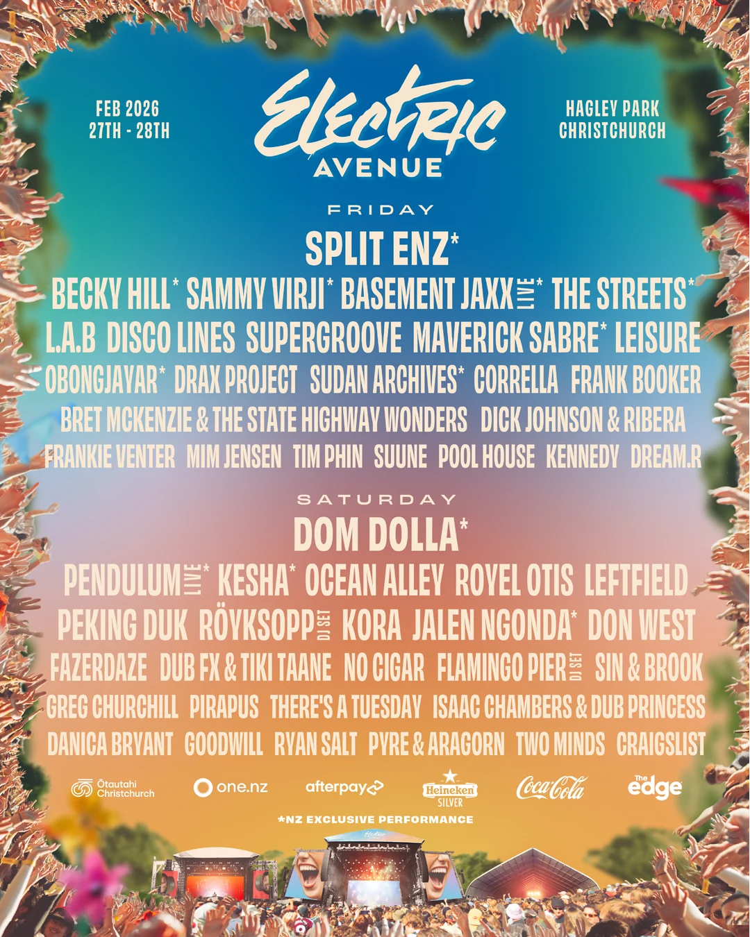 Bright and colourful poster showing the full lineup for Electric Avenue 2026