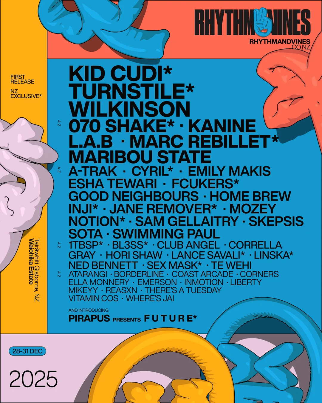 Rhythm & Vines 2025 poster line-up featuring headliners Kid Cudi, Turnstile and Wilkinson