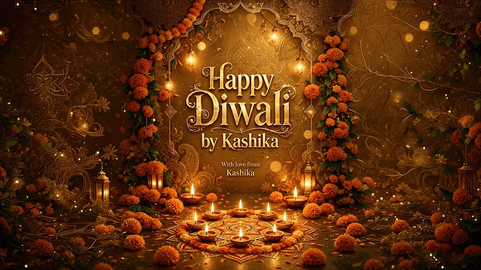 A vibrant Happy Diwali greeting in gold text, framed by marigold garlands and string lights, with lit diyas forming a rangoli pattern on the floor amidst scattered flowers and glowing lanterns.