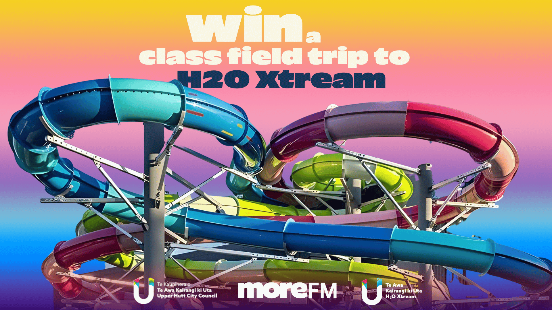 A vibrant water park features multiple colorful, twisting water slides against a gradient sky, with text reading "WIN a class field trip to H2O Xtream" and sponsor logos at the bottom.