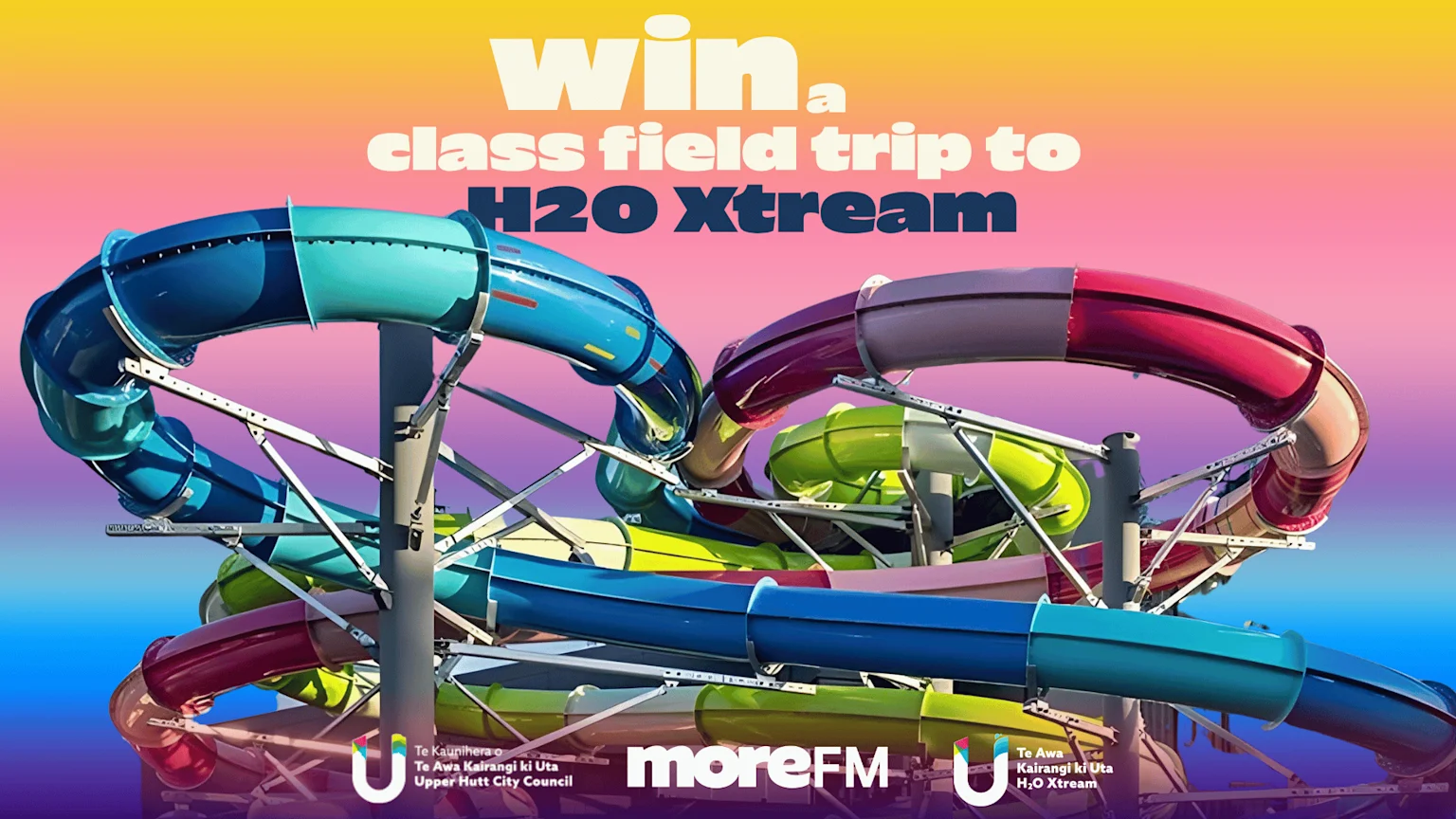 A vibrant water park features multiple colorful, twisting water slides against a gradient sky, with text reading "WIN a class field trip to H2O Xtream" and sponsor logos at the bottom.