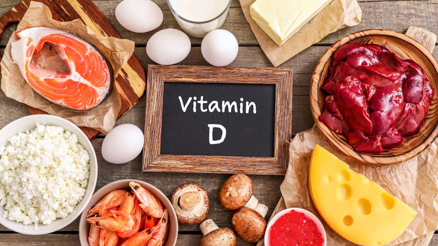 A flat lay shows a variety of Vitamin D-rich foods like salmon, eggs, milk, butter, liver, cheese, shrimp, cottage cheese, mushrooms, and caviar, surrounding a 'Vitamin D' sign on a rustic wooden table.