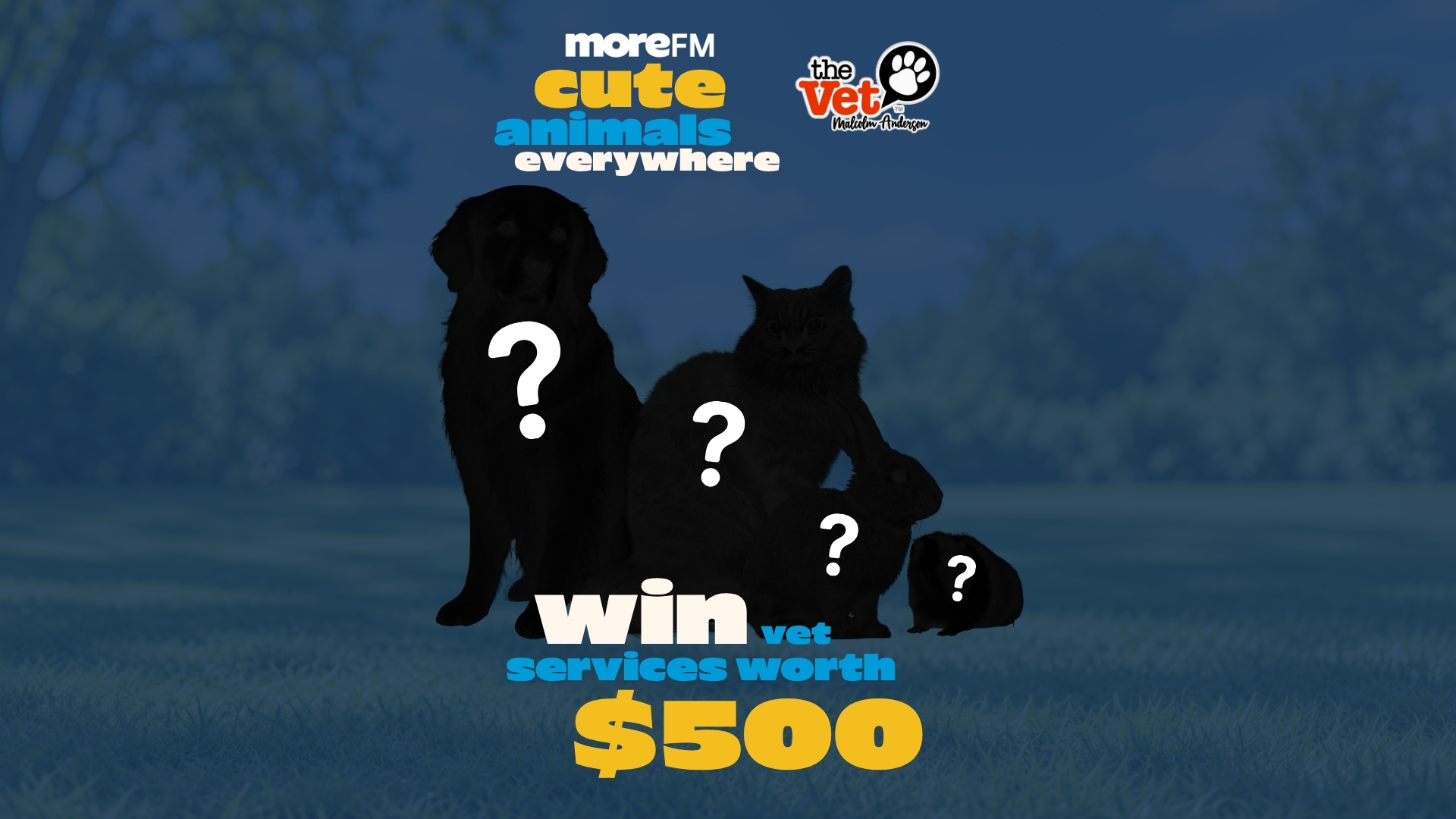 A promotional image for "moreFM cute animals everywhere" and "The Vet" showing silhouettes of a dog, cat, rabbit, and guinea pig with question marks, offering "win vet services worth $500."
