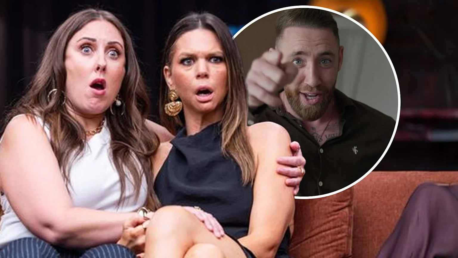 Two women on a couch display shocked expressions with wide eyes and open mouths, while a bearded man in a circular inset smiles and points forward, likely the subject of their reaction.