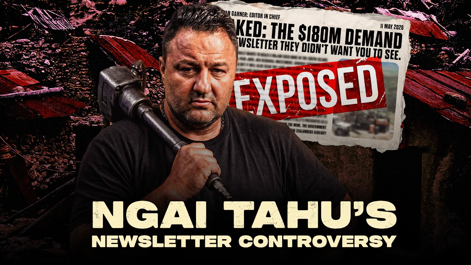 A serious man with a tool on his shoulder stands against a dark, gritty background, with a newspaper headline reading "$180M DEMAND" and "EXPOSED," and text stating "NGAI TAHU'S NEWSLETTER CONTROVERSY" at the bottom.