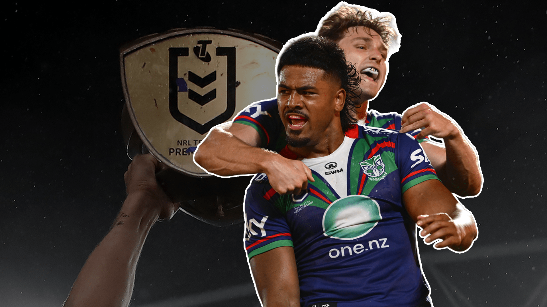 Warriors players celebrating NRL victory