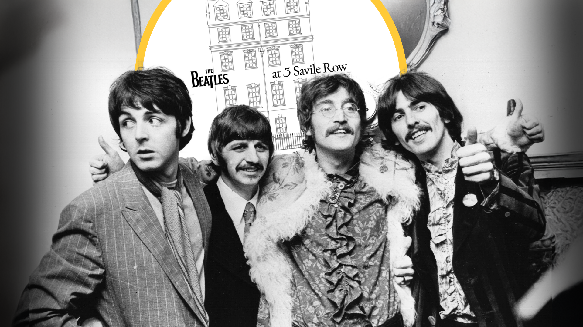 All four Beatles are smiling in a candid black and white photo of them. taken in 1967