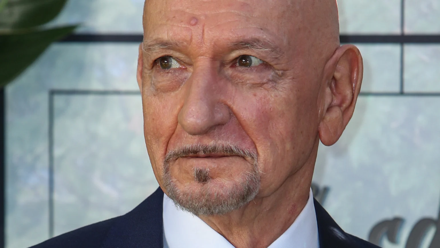 Close-up portrait of actor Ben Kingsley, a bald man with light eyes, a mustache and a soul patch, wearing a dark suit.