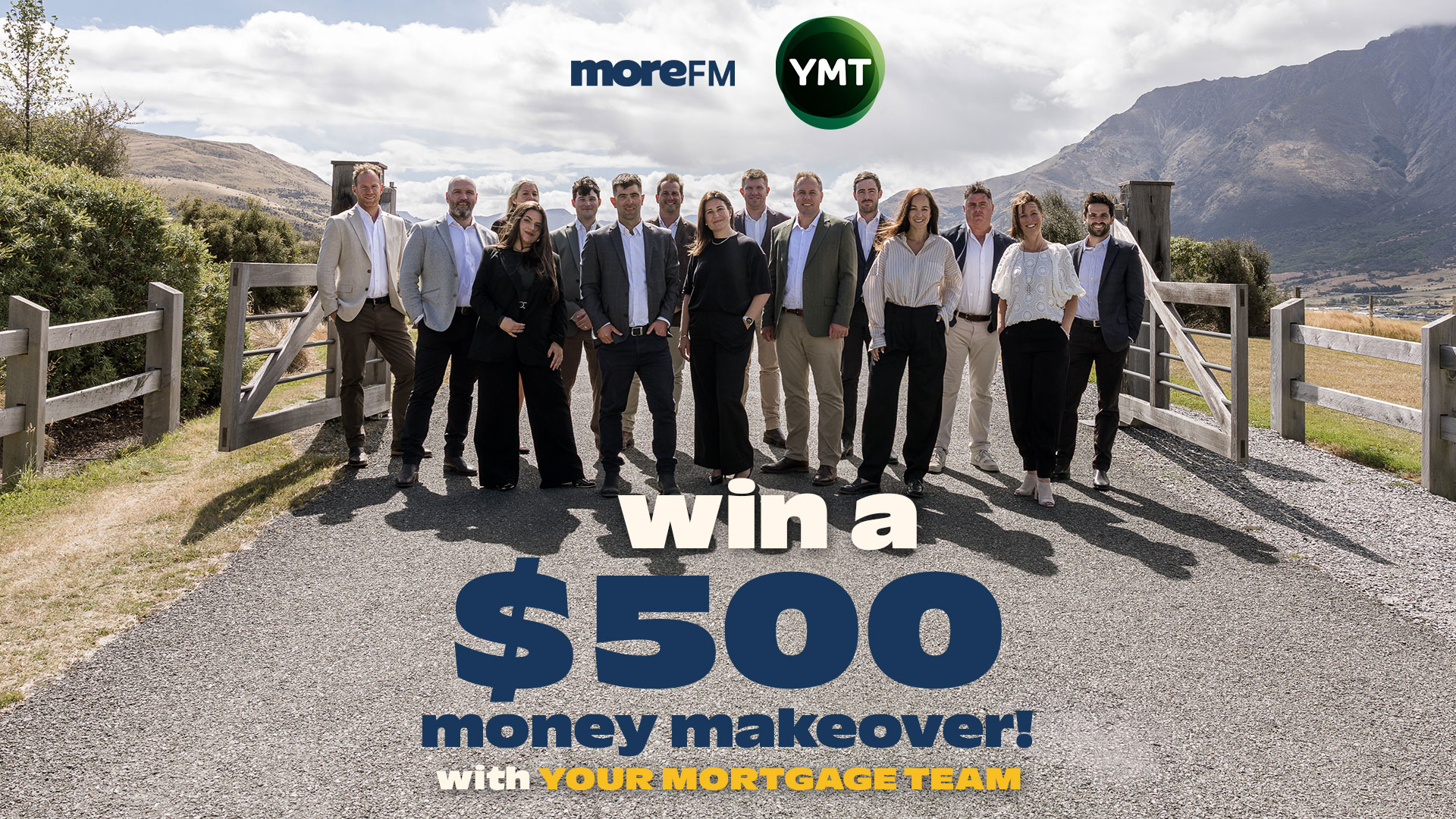 A group of professionals stands on a gravel road between wooden fences with mountains in the background, beneath logos and text advertising a "$500 money makeover" contest.