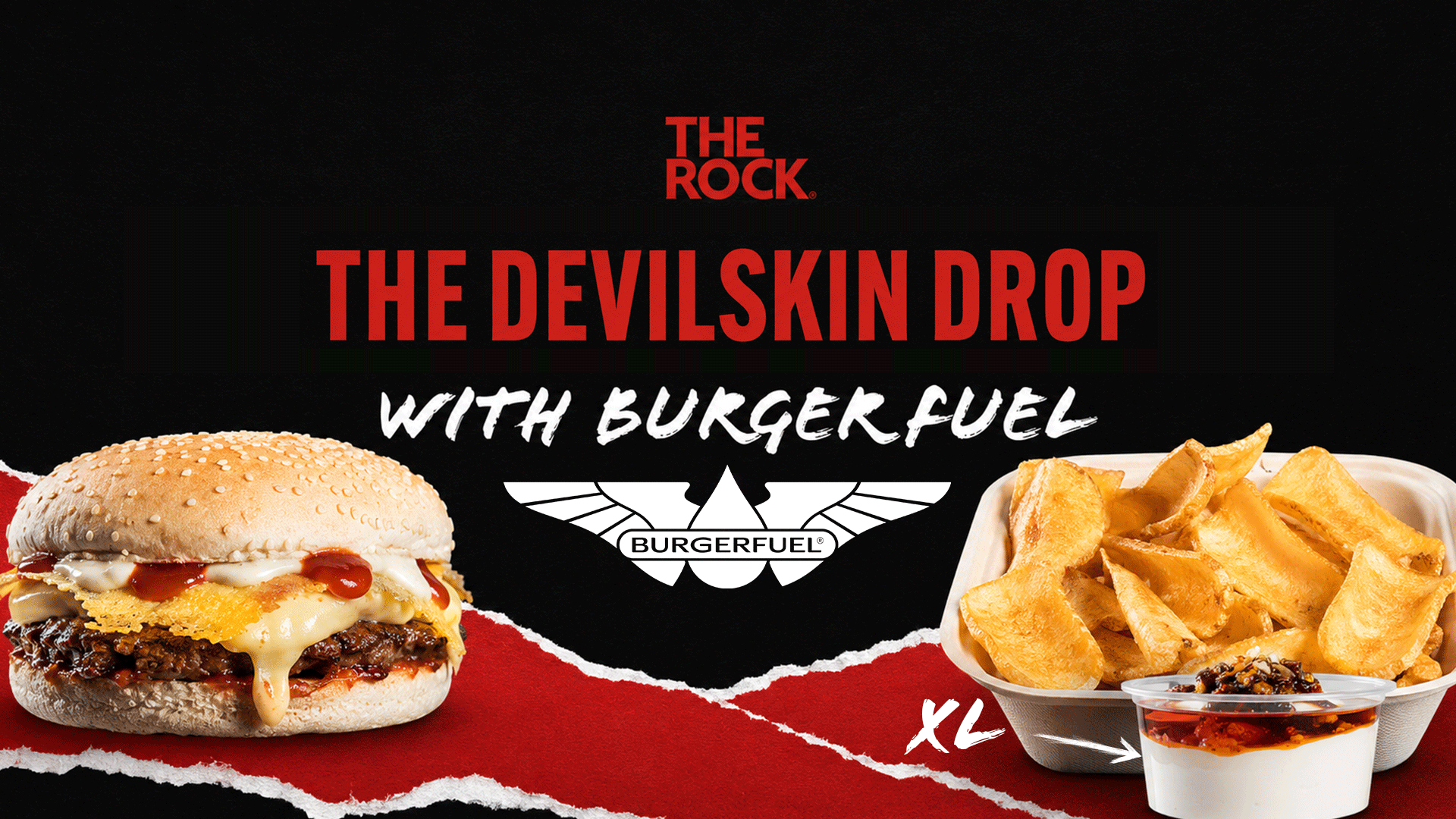 A BurgerFuel ad shows a burger, fries, and a dessert against a black and red background with "THE ROCK" and "THE DEVILSKIN DROP WITH BURGER FUEL" text.