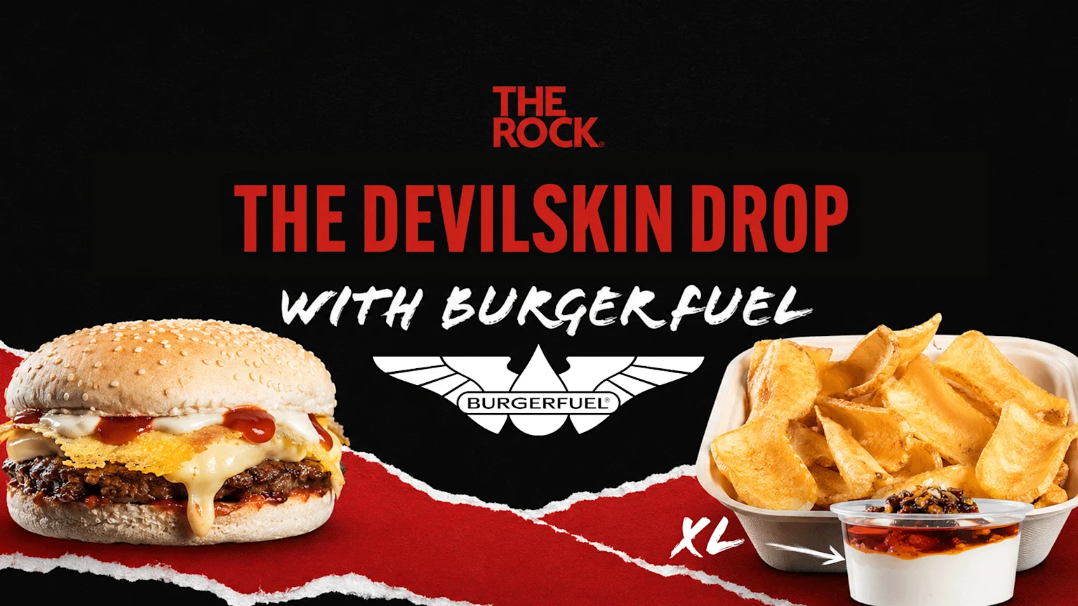 A BurgerFuel ad shows a burger, fries, and a dessert against a black and red background with "THE ROCK" and "THE DEVILSKIN DROP WITH BURGER FUEL" text.
