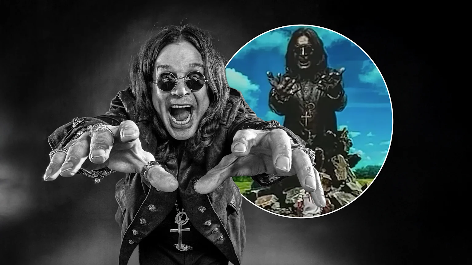 A black and white photo of Ozzy Osbourne lunging forward with outstretched hands and an open mouth, next to a circular color inset showing a statue resembling him with outstretched hands against a blue sky.