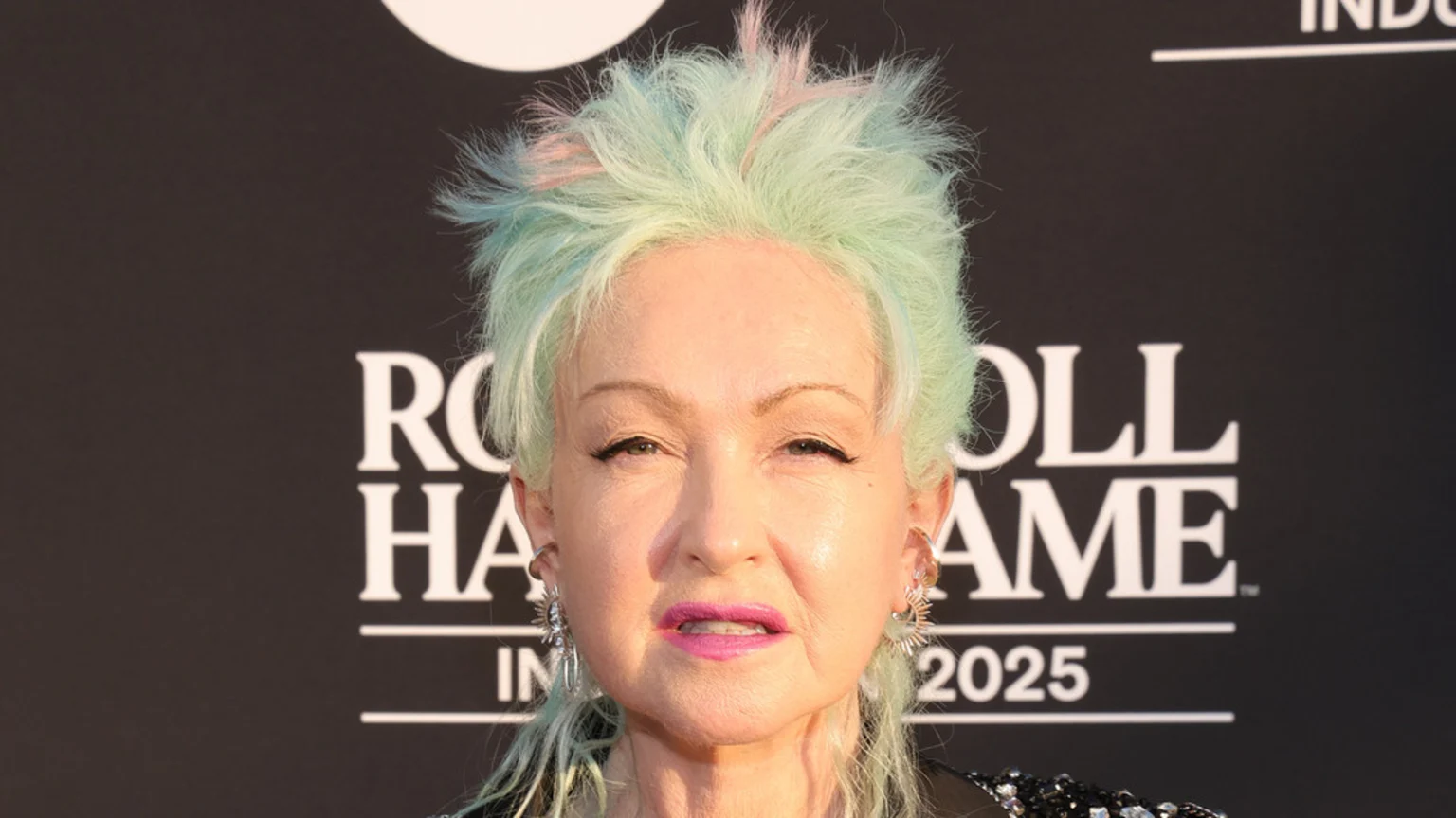 A close-up of a woman with spiky pastel green and pink hair, winged eyeliner, bright pink lipstick, and silver earrings, standing before a black sign reading "ROCK & ROLL HALL OF FAME 2025."