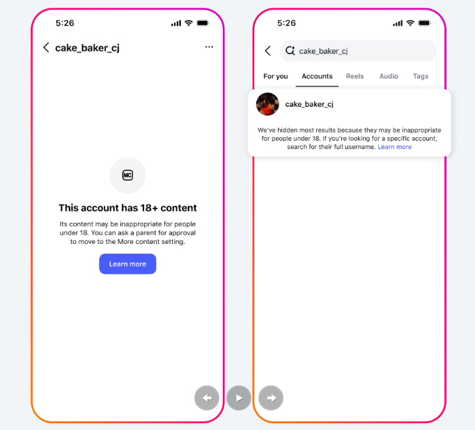 What an R18 restriction will look like for teens on INstagram under Meta's new PG-13 guidelines.