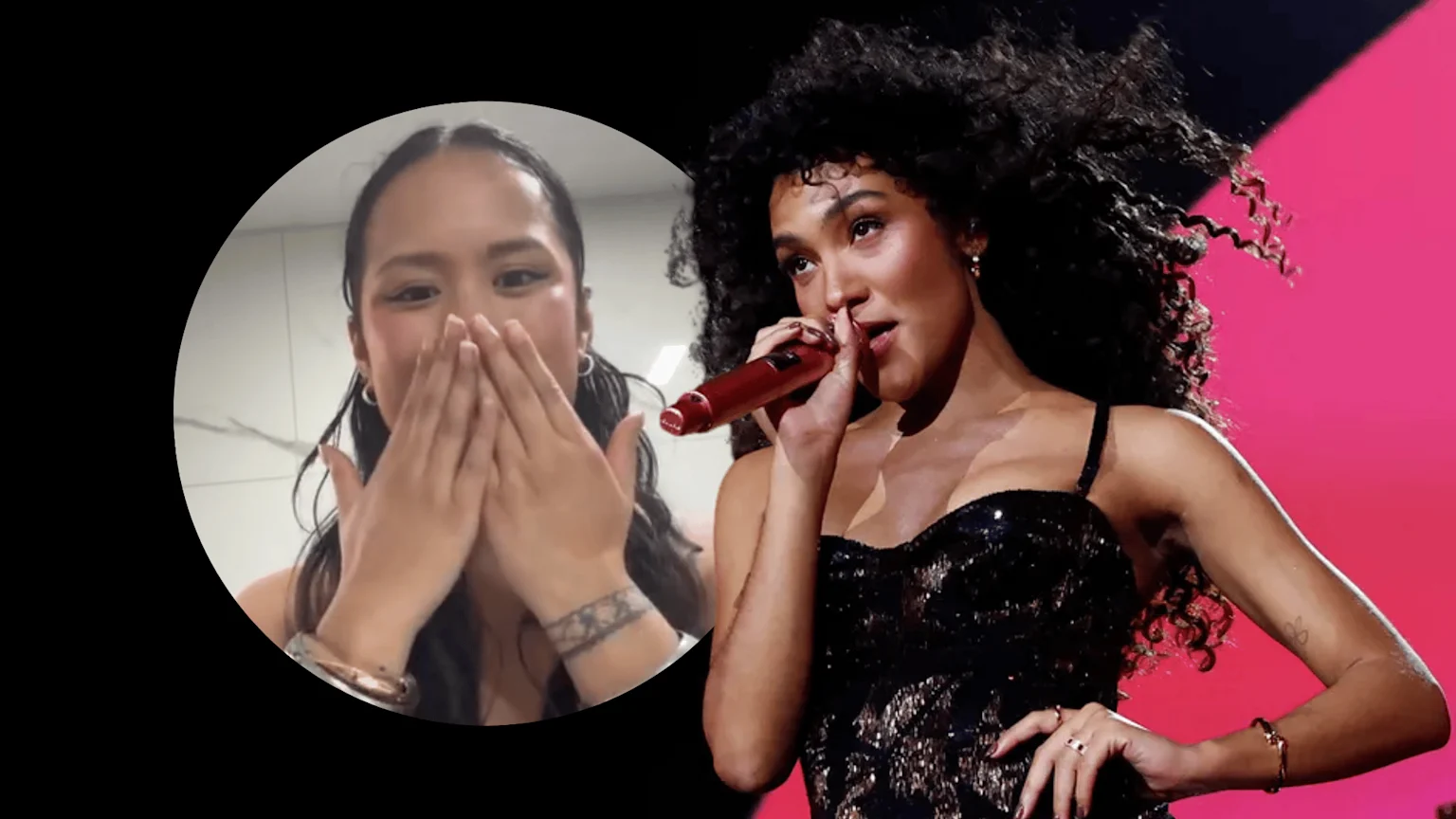 A collage shows singer Olivia Dean performing in a sequined top against a pink background, next to a circular image of a surprised fan covering her mouth.