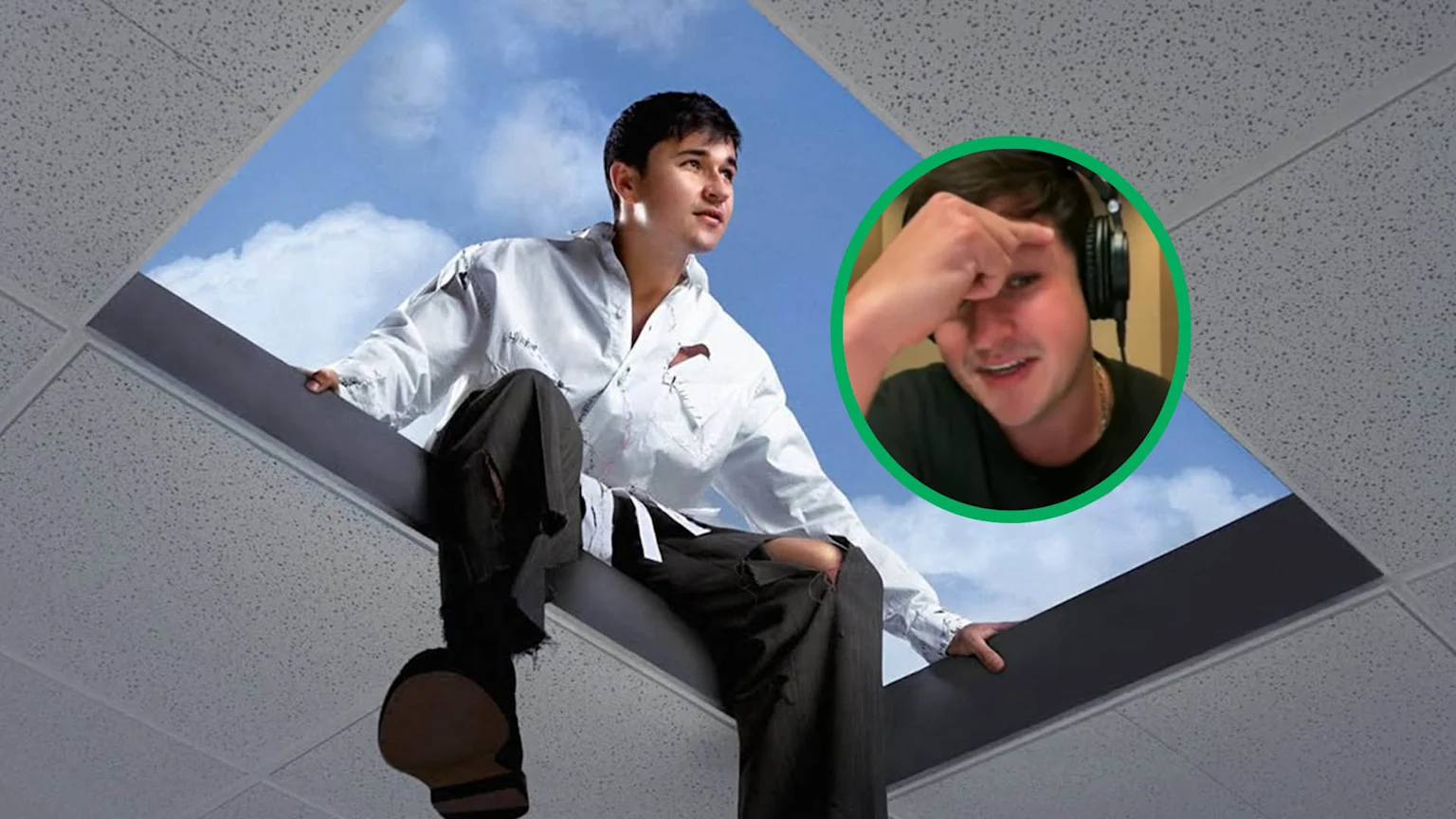 A composite image shows a young man sitting calmly in a rectangular opening of a white drop ceiling, wearing a torn white shirt and dark trousers, looking up to a blue sky with clouds. The upper right corner contains a circular inset of another young man wearing black headphones, a dark t-shirt, and a gold chain, touching his forehead with a slight smile.