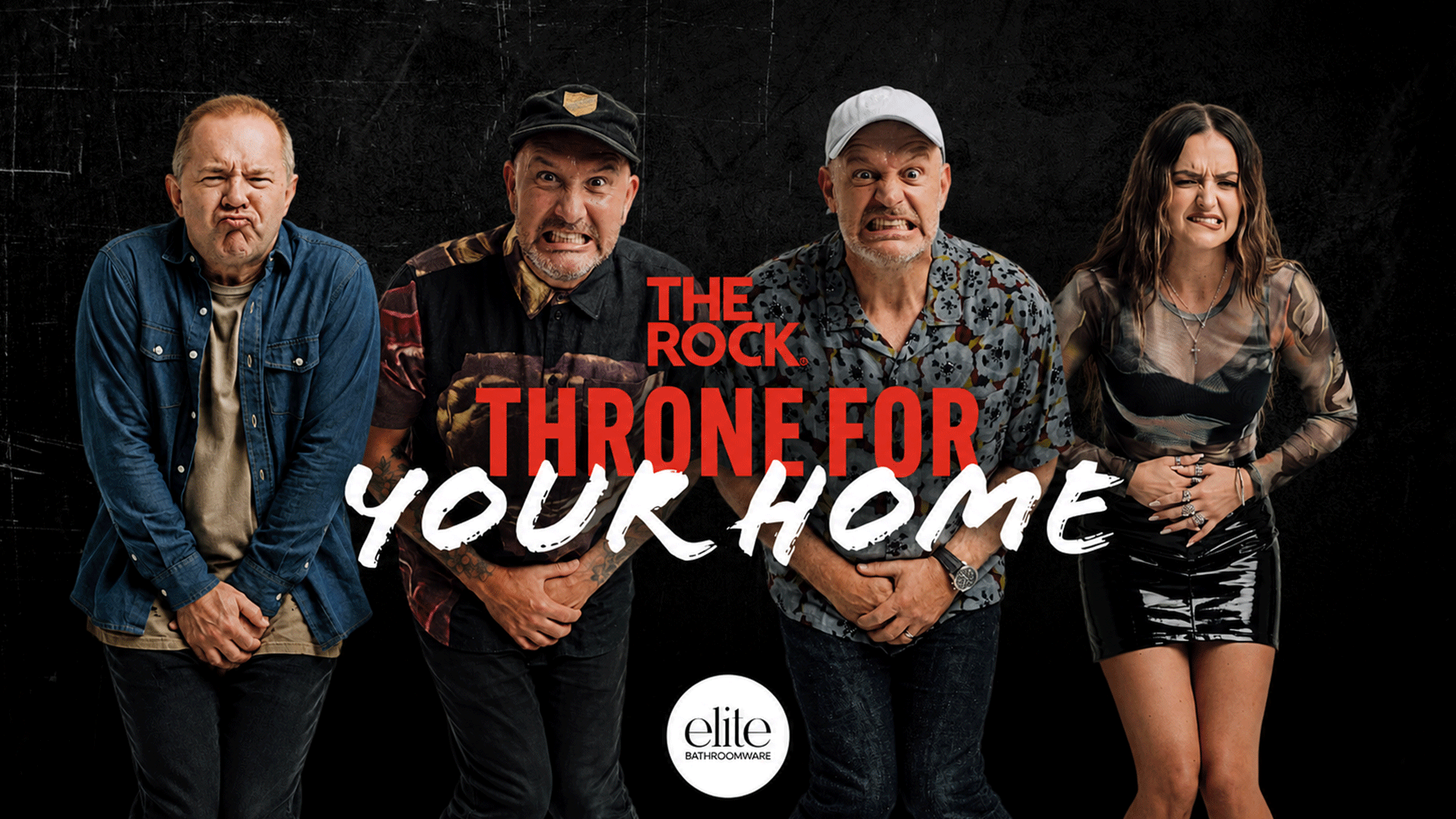 Four people, three men and one woman, with pained expressions and hands held over their lower abdomens, appear to urgently need a toilet, advertising "The Rock Throne for Your Home" by Elite Bathroomware.