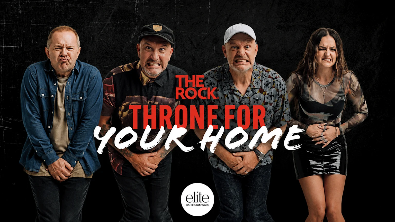 Four people, three men and one woman, with pained expressions and hands held over their lower abdomens, appear to urgently need a toilet, advertising "The Rock Throne for Your Home" by Elite Bathroomware.