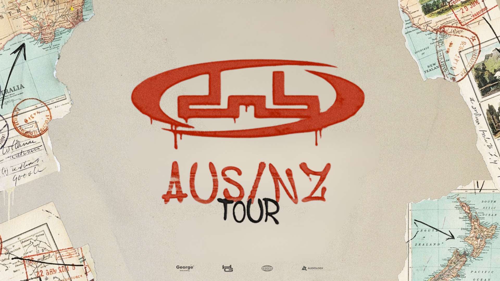 Red spray-painted logo with drips above "AUS/NZ TOUR" text, set against a background of torn vintage maps showing Australia and New Zealand.
