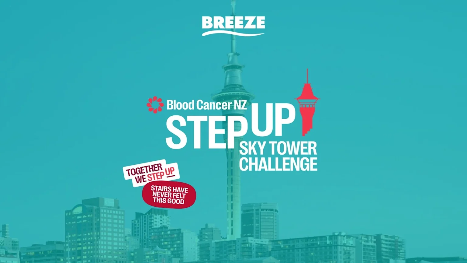 An advertisement for the Blood Cancer NZ Step Up Sky Tower Challenge, showing the Auckland Sky Tower with a red tower icon and "STEP UP" text, along with Breeze and Blood Cancer NZ logos.
