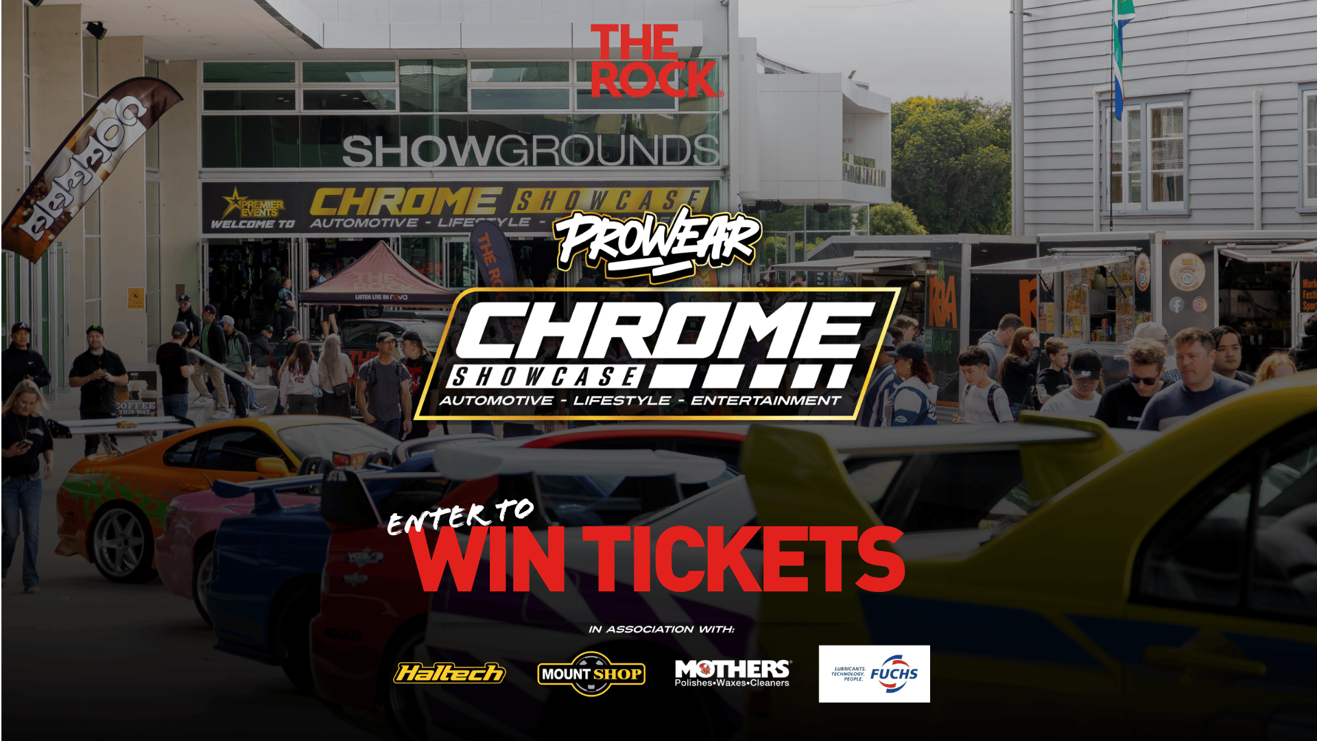 A bustling outdoor car show scene with diverse attendees, several customized cars in the foreground, various vendors, and prominent overlays for "Prowear Chrome Showcase" and "ENTER TO WIN TICKETS."