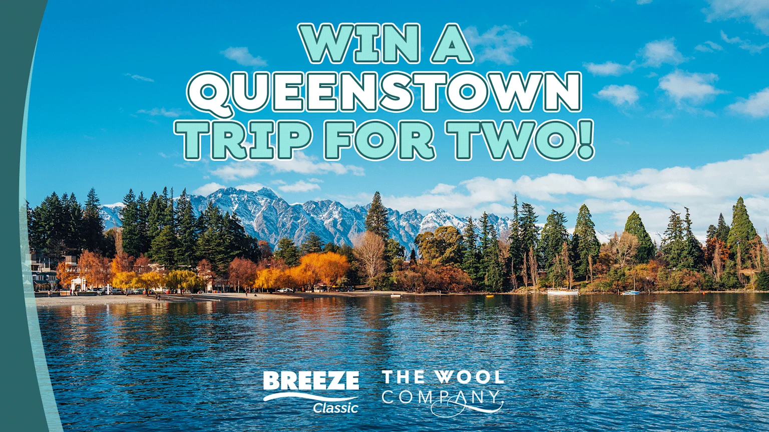 A beautiful landscape shows a wide lake with a tree-lined shore featuring autumn colors, snow-capped mountains in the background, and a blue sky, with promotional text "WIN A QUEENSTOWN TRIP FOR TWO!" and brand logos.