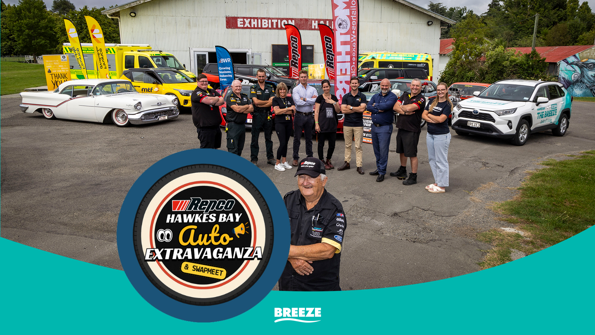 Repco Hawke's Bay team and the Breeze outside Repco store. The Breeze car, St John's Ambulance lined behind. "Hawke's Bay Repco Auto Extravaganza