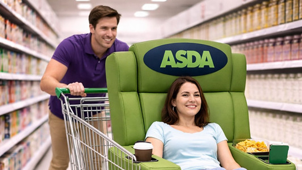 A man pushes a woman smiling in a green ASDA armchair-like shopping trolley seat through a supermarket aisle, complete with snacks and a drink.
