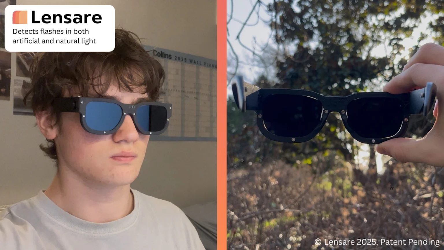 19-year-old Mark Campbell wearing Lensare sunglasses - smart glasses that detect harmful light patterns and instantly darken, protecting people with photosensitive epilepsy and photophobia from light-triggered seizures, migraines and other serious health risks.