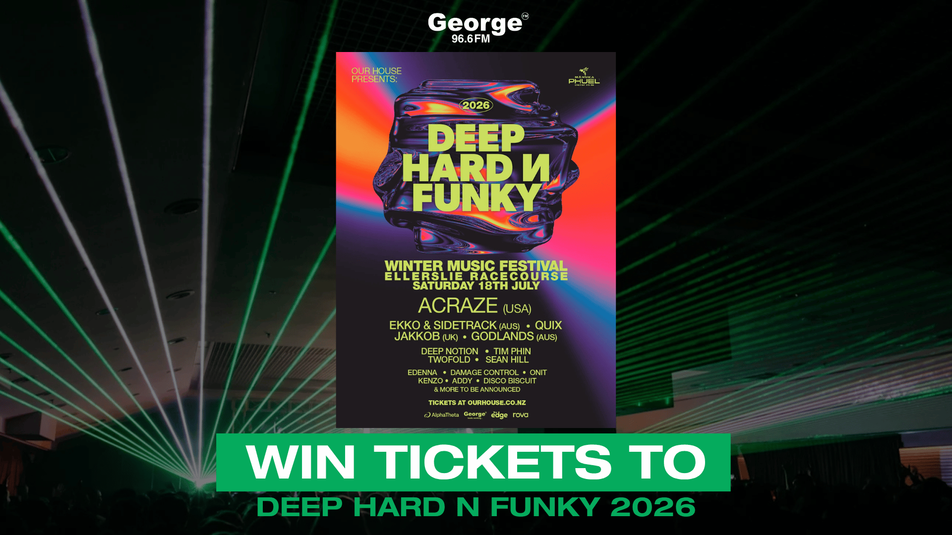 A concert poster for "Deep Hard N Funky 2026" festival, featuring an abstract colorful design and artist lineup, is overlayed on a dark background with green lasers and silhouettes, with a green banner reading "WIN TICKETS TO DEEP HARD N FUNKY 2026".