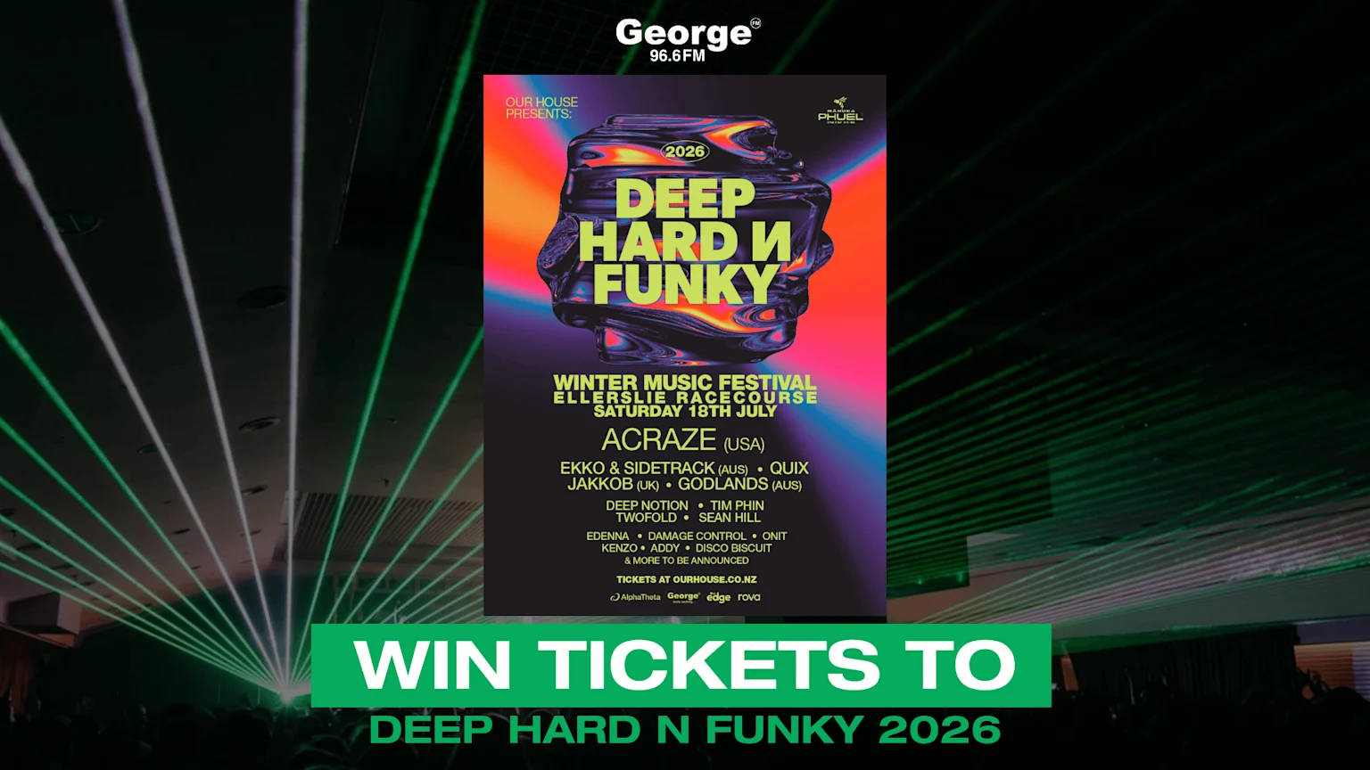 A concert poster for "Deep Hard N Funky 2026" festival, featuring an abstract colorful design and artist lineup, is overlayed on a dark background with green lasers and silhouettes, with a green banner reading "WIN TICKETS TO DEEP HARD N FUNKY 2026".