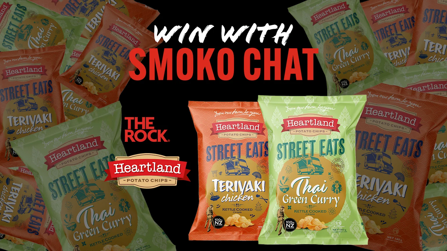 Prominent text "WIN WITH SMOKO CHAT" on a black background, surrounded by numerous orange Teriyaki Chicken and green Thai Green Curry Heartland Street Eats potato chip bags, with "THE ROCK" logo.