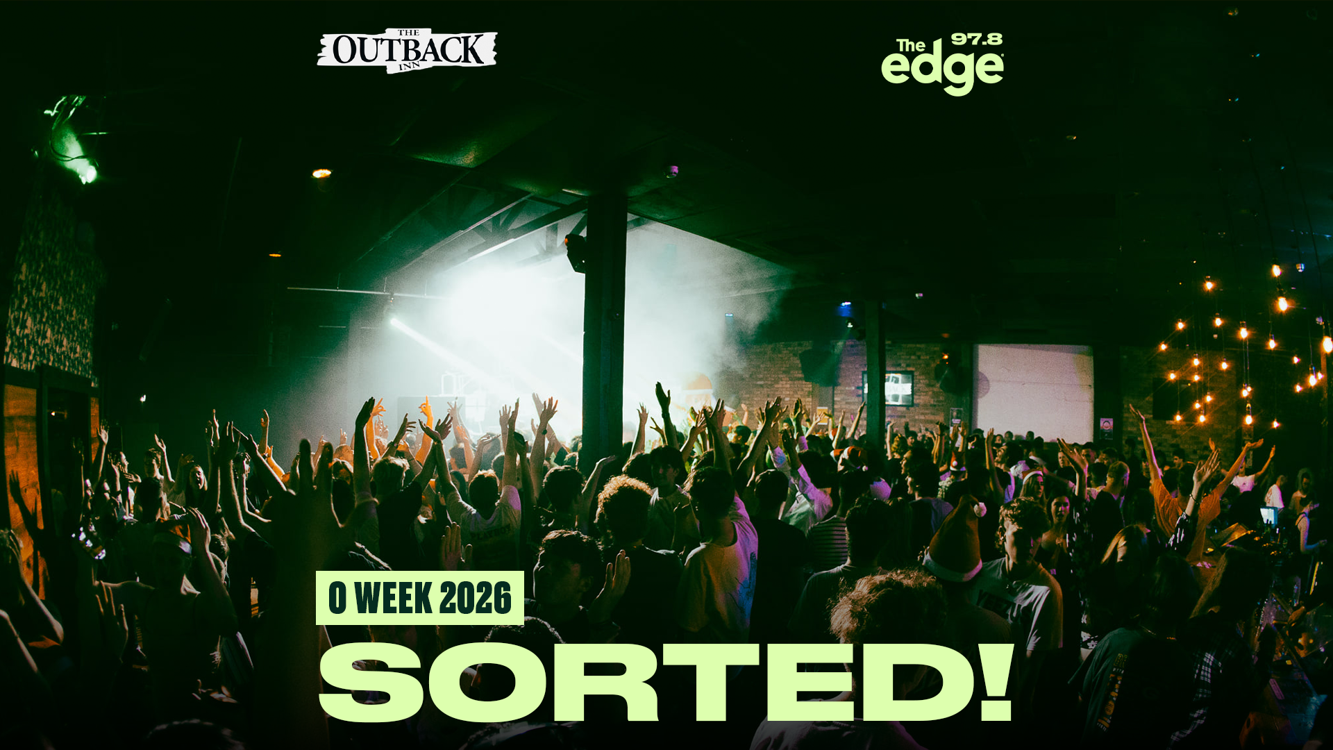 Large crowd in The Outback Inn dancing with hands up. "O Week 2025 sorted!" with The Outback Inn and The Edge Waikato