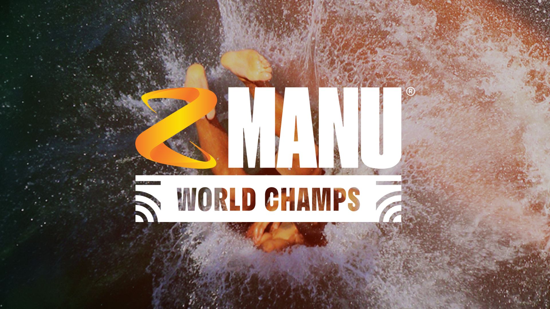 The Z Manu logo and text "Z MANU WORLD CHAMPS" are superimposed over a person's legs making a large splash as they enter dark and brownish water.