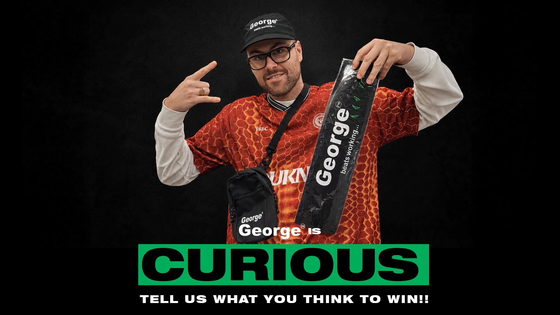 A man wearing a George branded cap and shirt, holding a George branded package, with large text reading "George is CURIOUS TELL US WHAT YOU THINK TO WIN!!" at the bottom.