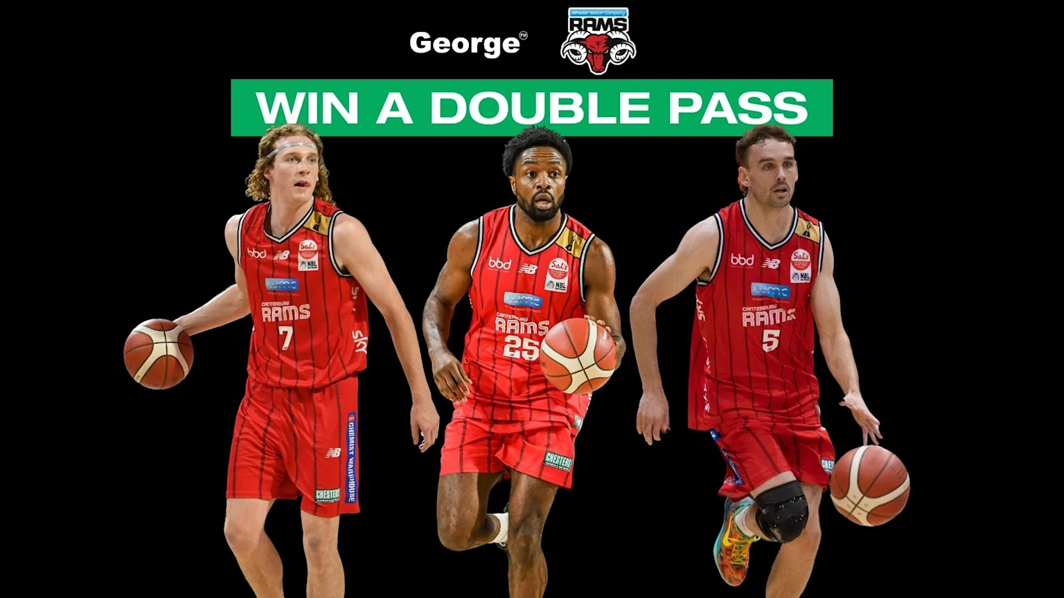 Three Canterbury Rams basketball players in red uniforms dribble basketballs, with a green banner at the top reading "WIN A DOUBLE PASS."