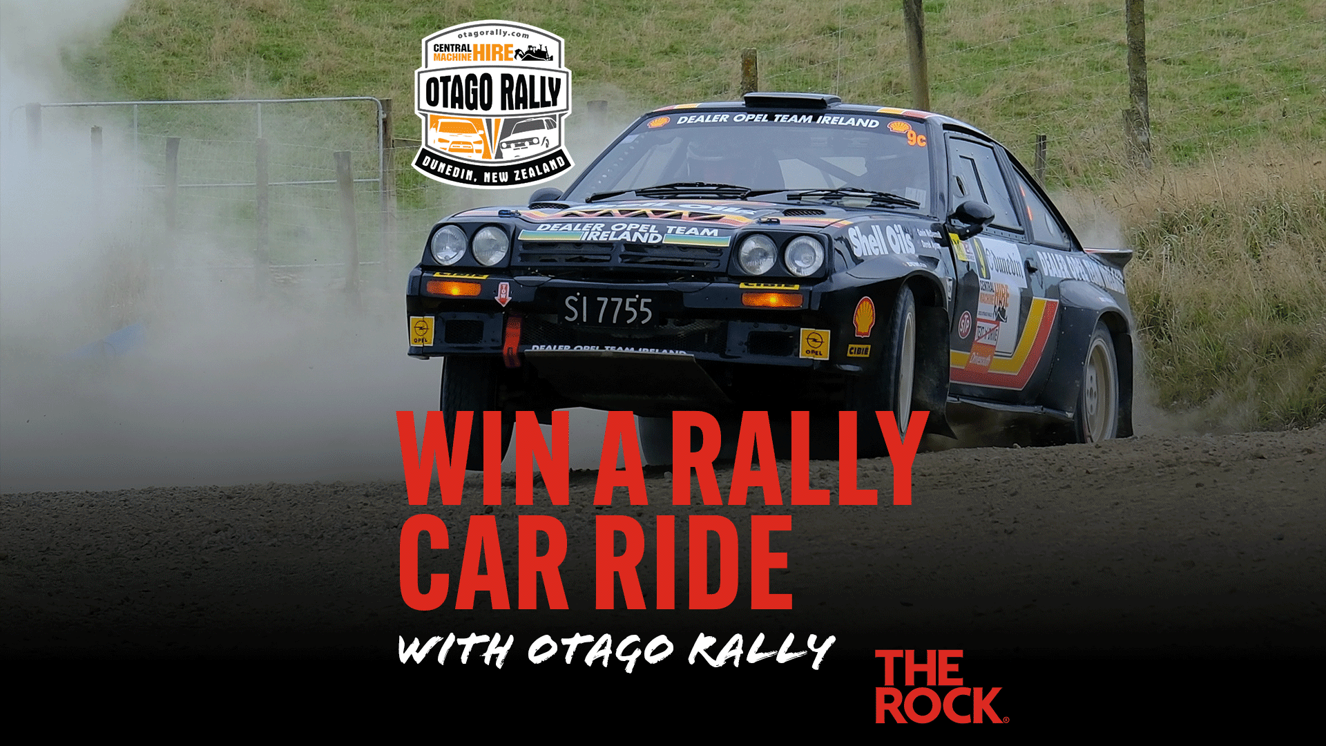 A black rally car kicks up dust on a dirt road, with "WIN A RALLY CAR RIDE WITH OTAGO RALLY" text and the Otago Rally logo overlaid.