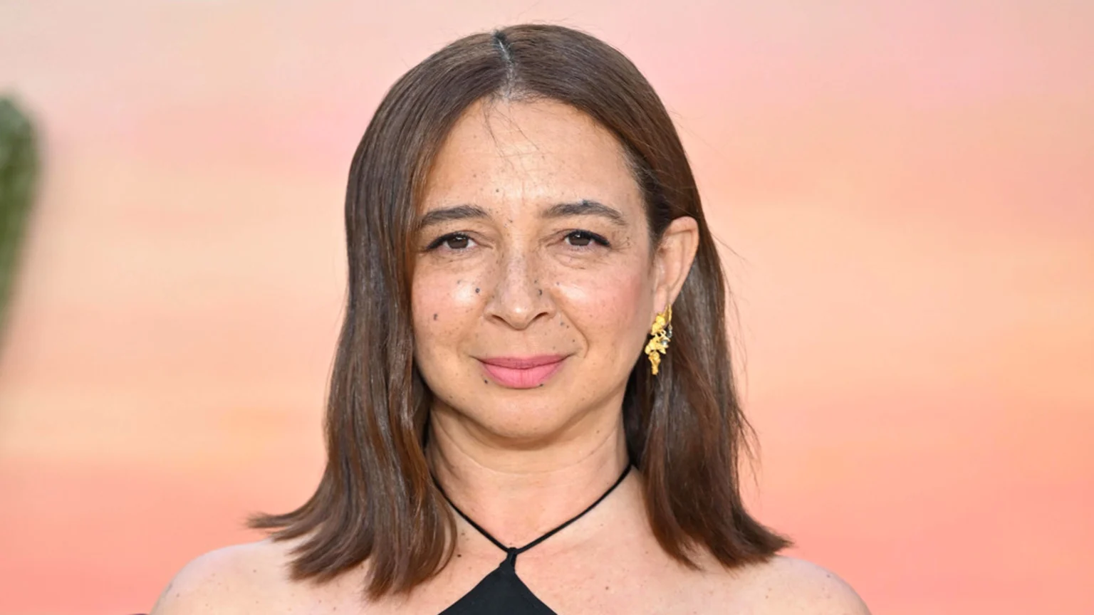 A woman with shoulder-length brown hair and freckles smiles slightly, wearing a dark top and a gold earring, against a soft, blurred peachy-pink background.